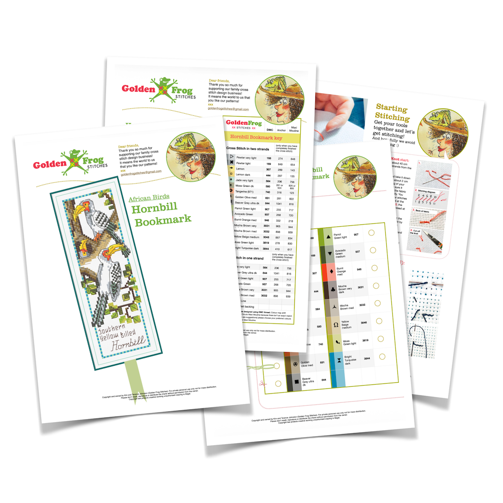 Hornbill Bookmark digital PDF pattern pages showing chart, DMC floss key, and instructions by Golden Frog Stitches