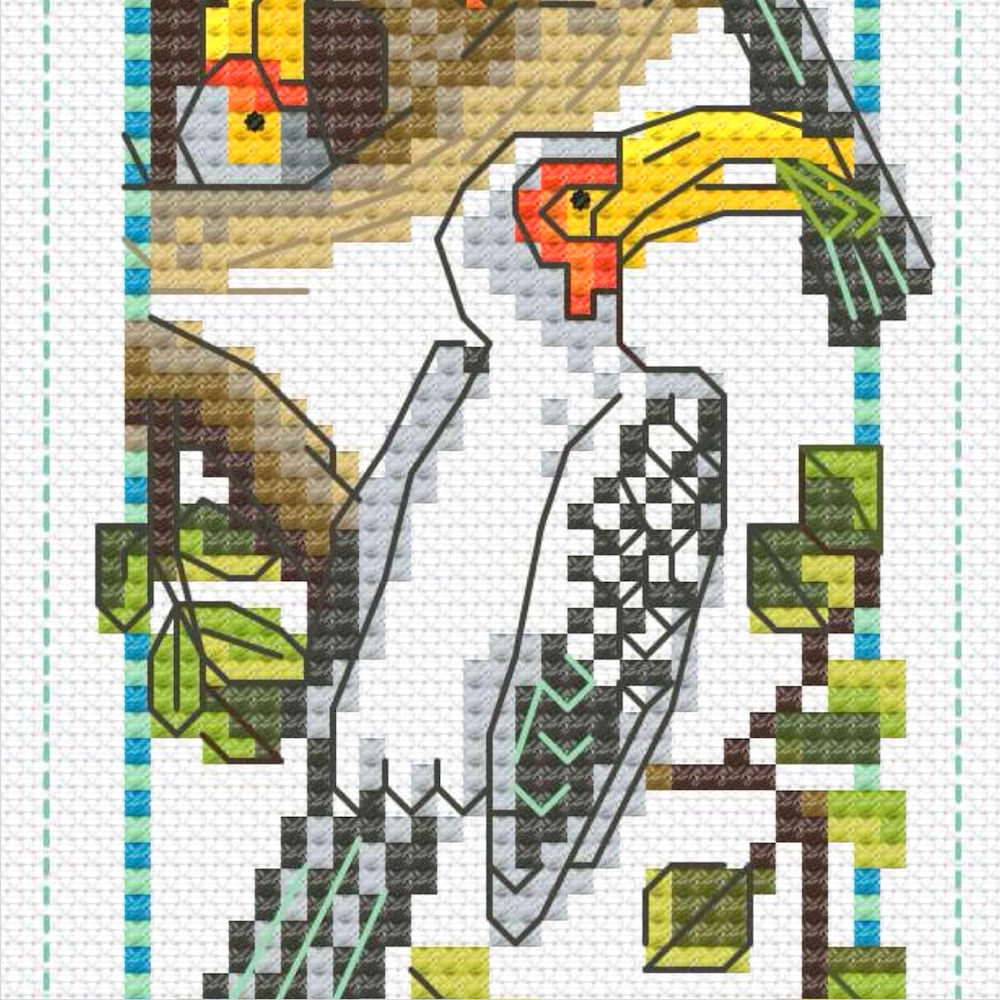 Close-up detail of Hornbill cross stitch bookmark pattern on Aida fabric by Golden Frog Stitches