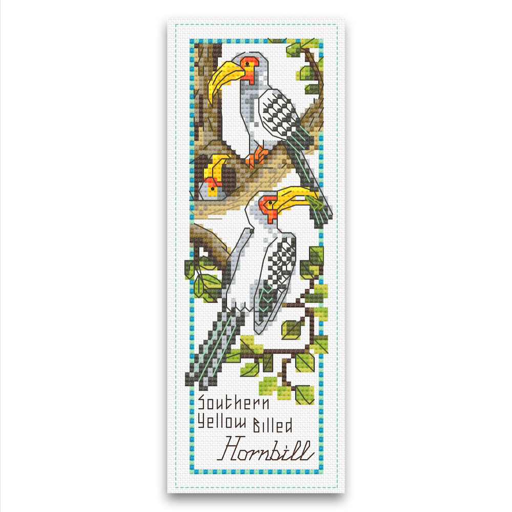 Hornbill cross stitch bookmark finished stitched piece by Golden Frog Stitches