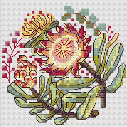 Pixelated floral artwork showing a central orange-red flower with yellow and red surrounding blooms and green leaves on a light gray grid background.