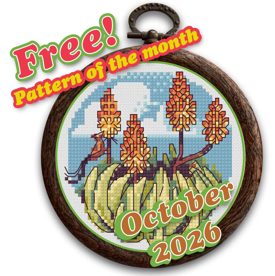 A circular framed cross-stitch pattern preview featuring an Aloe design with orange flowers, green leaves, and a blue sky. Large promotional text reads 'Free! Pattern of the month' and 'October 2026' over the artwork.