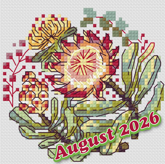 Cross stitch pattern featuring a protea flowers in yellow, red, orange, and green tones, with the text 'August 2026' in red outlined green at the bottom right, on a white grid background.