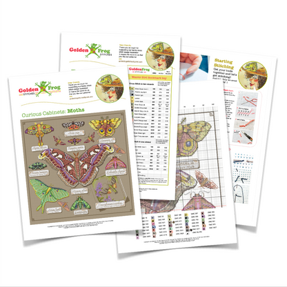 An example of the set of printed craft/activity sheets from Golden Frog Studios featuring detailed moth illustrations, measurement tables, and starting instructions, arranged overlapping on a white background.
