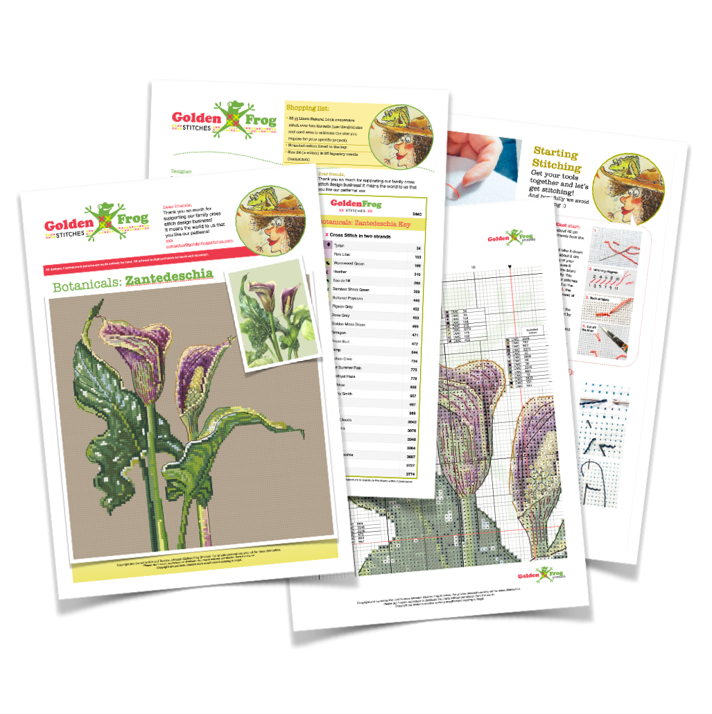 Example of pattern to be received for the cross stitch of Botanicals: Zantedeschia Cross Stitch Pattern | Purple Arum/ Calla Lily | Golden Frog Stitches